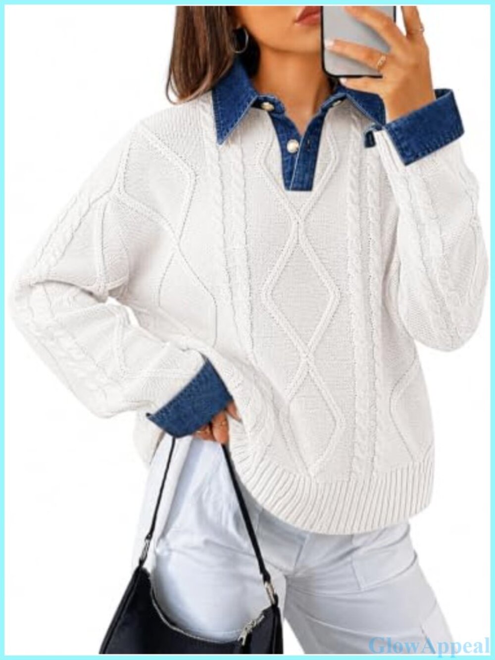 Women's Cable Knit Polo Pullover Sweater Button Down V-Neck Long Sleeve
